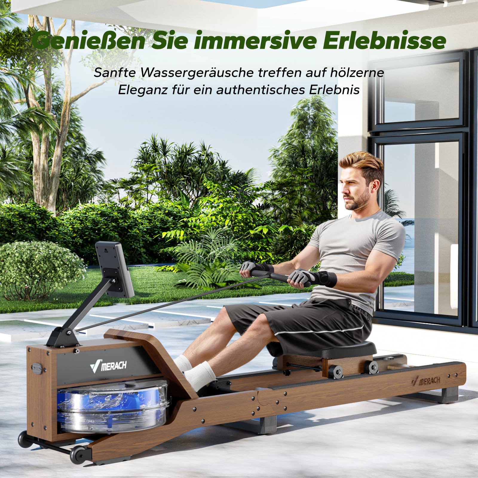 MERACH Rudergerät Holz, Wasserrudergerät Klappbar aus Gummibaumholz, ausgestattet mit hintergrundbeleuchtetem Display und bequemem Sitz, simuliert echtes Rudern (R23 Gummibaumholz)
