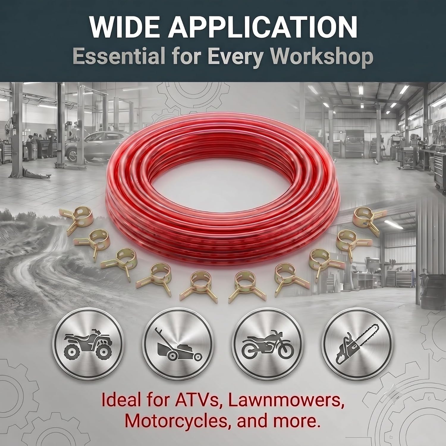 Clear Fuel Line Hose Tube, 10 Feet Rubber Fuel Hose, Gas Tube with 10 Clamps, Universal for Motorcycle Mini Bike Go Kart ATV Scooter Small Engine Parts (Red)