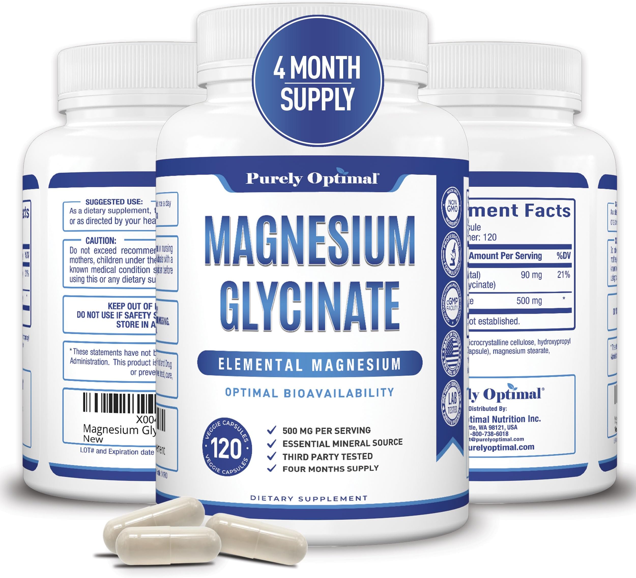 Magnesium Glycinate 500mg – Sleep Support & Stress Relief – Gentle, High Absorption Magnesium Supplement for Muscle Relaxation, Calm & Nerve Support – 120 Capsules