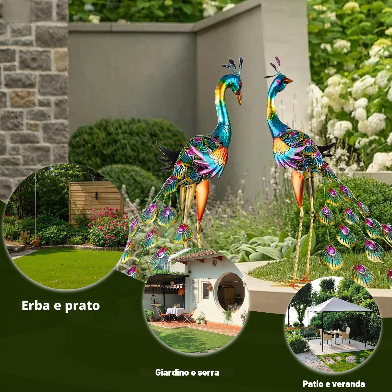 Pavone giardino statue metallo pavone sculture per cortile esterno patio prato veranda cortile decorazione cortile (2 pezzi, blu)