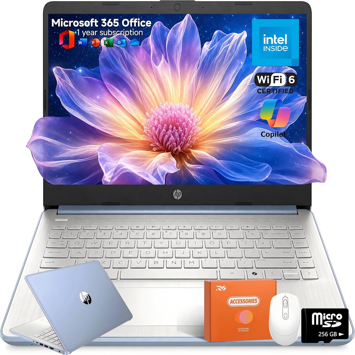 Laptop HP 14 para estudiantes y uso doméstico, procesador Intel N150, 16 GB de RAM | 128 GB UFS+256 GB MSD, pantalla HD de 14", Wi-Fi 6, 1 año de Microsoft 365, tecla Copilot AI, liviano, azul cielo, con mouse