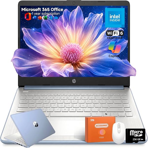 HP Laptop de 14 para estudiantes y uso en el hogar, procesador Intel N150, 16GB RAM | 128GB UFS+256GB MSD, pantalla HD de 14", Wi-Fi 6, Microsoft 365 de 1 año, tecla Copilot AI, ligera, azul cielo, con mouse