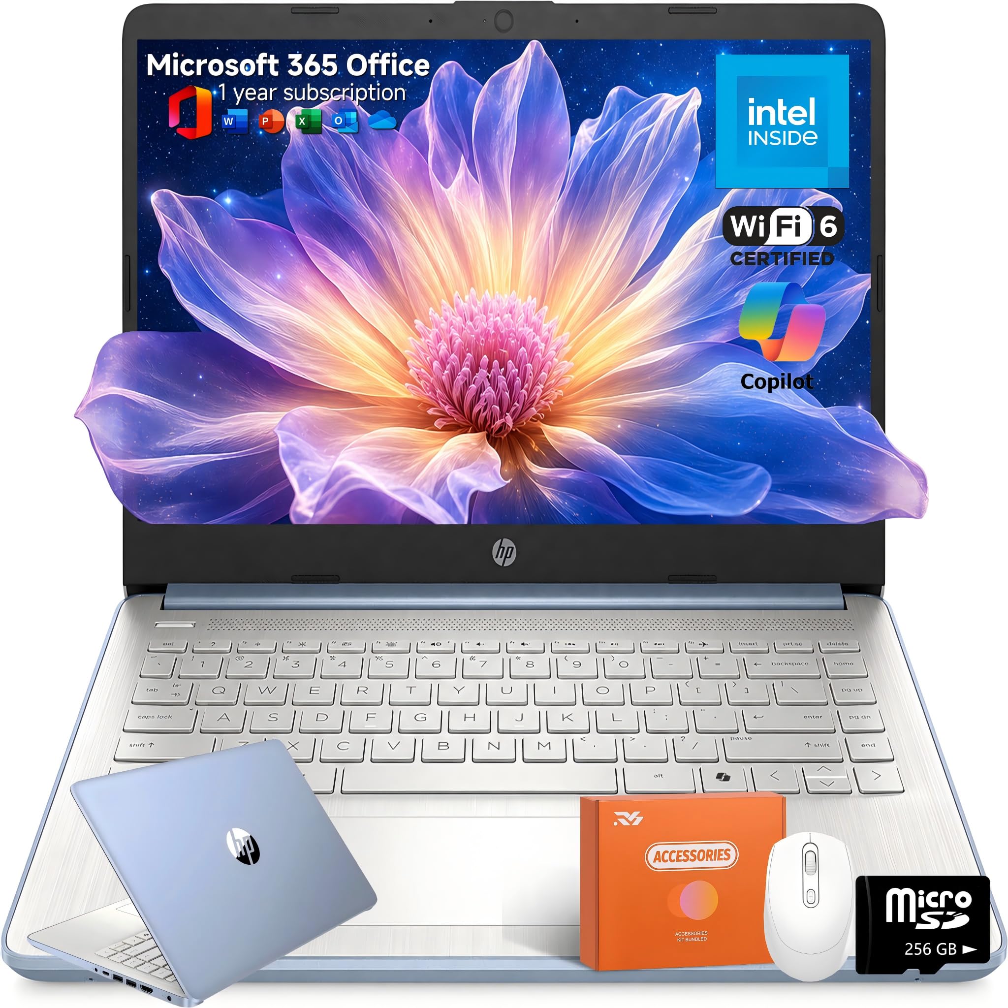 HP 14 Laptop for Students and Home Use, Intel Processor N150, 16GB RAM | 128GB UFS+256GB MSD, 14" HD Display, Wi-Fi 6, 1-Year