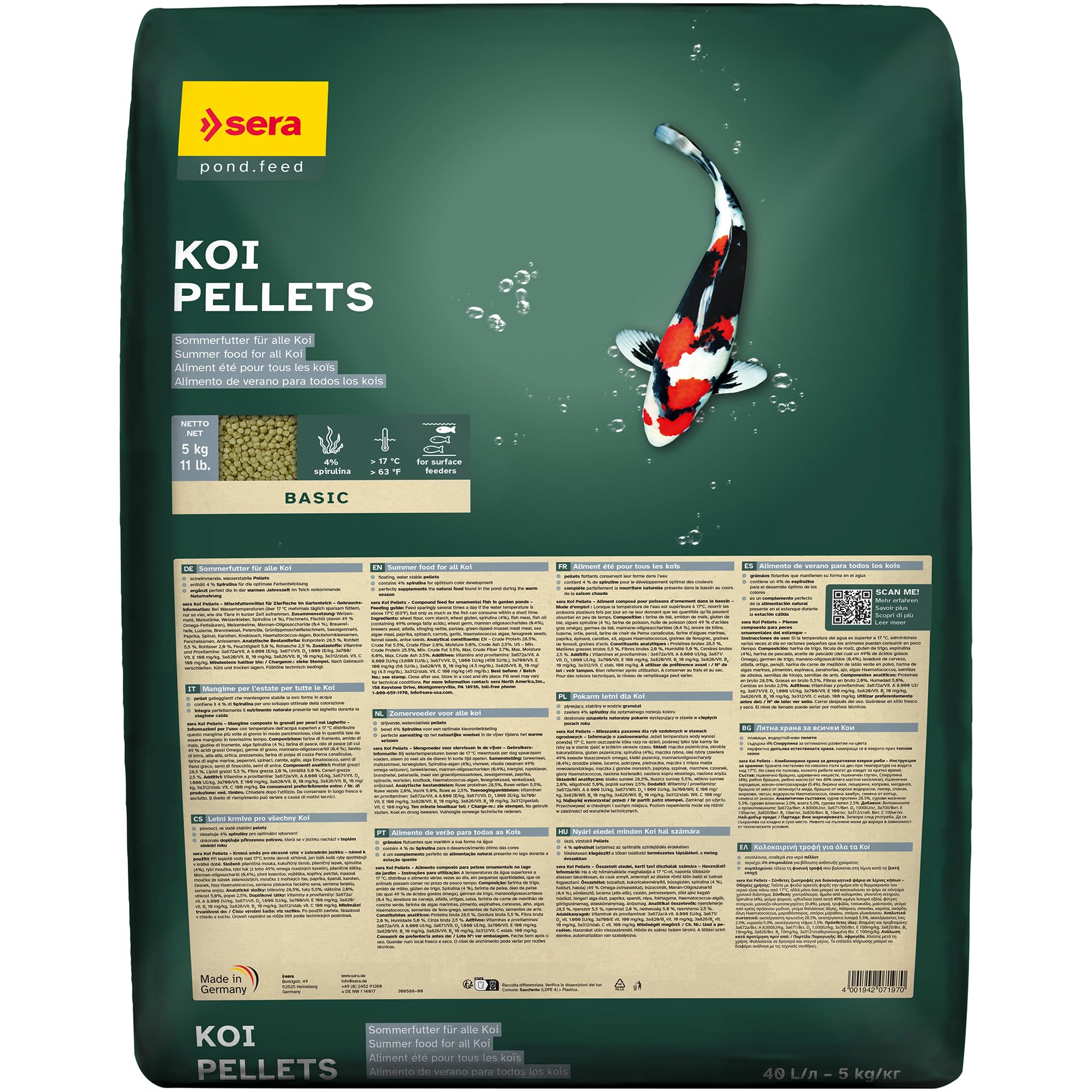 sera Koi pellets 40 L 5 KG | Aliment pour Les koïs 40.000 ML 5.000 g | pellets flottants avec 4% de spiruline | à Utiliser Lorsque Les températures de l’Eau dépassent 17°c