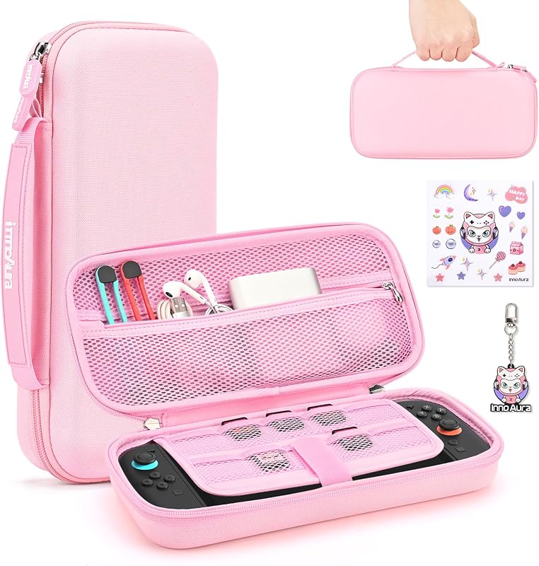 innoAura Housse Switch 2 pour NS Switch 2 Console (2025), Étui Rigide pour Switch 2 avec 12 Cartouches de Jeux, Sac de Hard Switch 2 pour Le Voyage et Le Stockage (Rose)