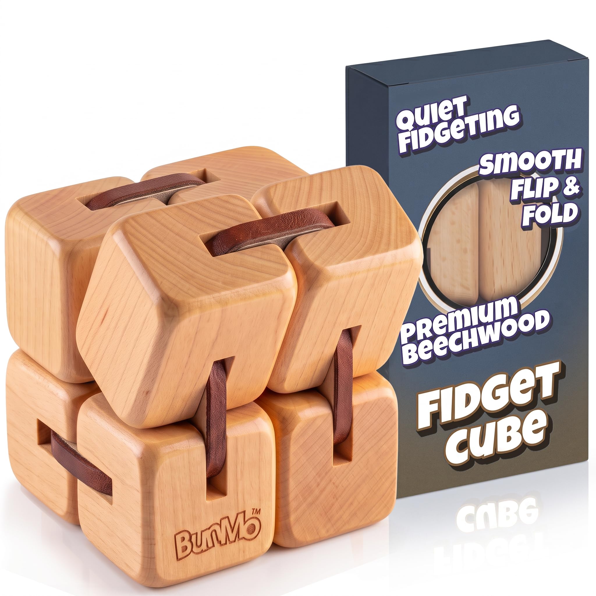 BunMo Wooden Fidget Cube – Beechwood Infinity Cube Fidget Toy, Larger One Pack – Smooth Folding Pocket Fidget, Natural Wood Sensory Cube for Desk or Travel