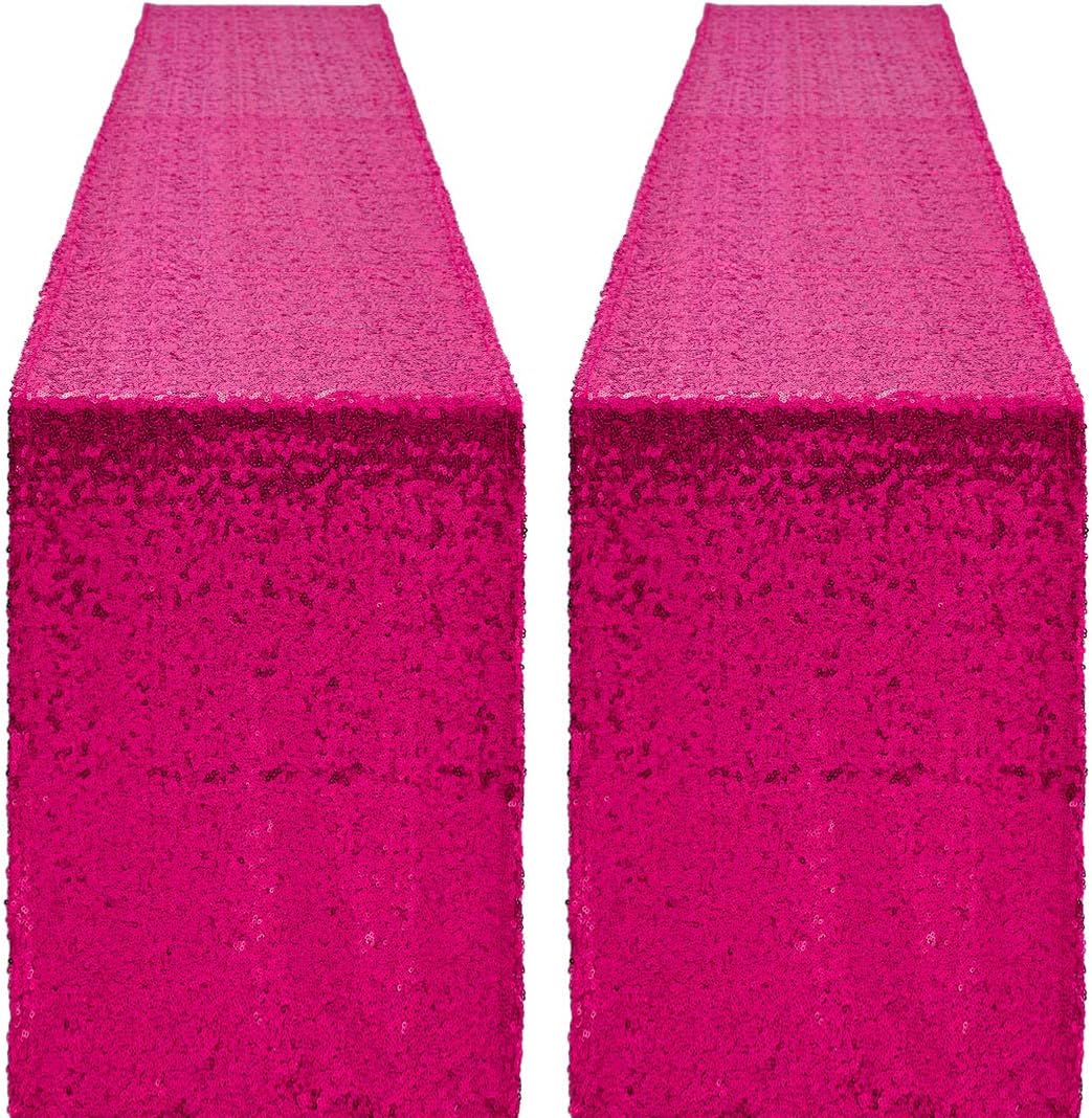 2 Packs 12 x 72 inches Hot Pink Sequin Table Runner, Glitter Fuchsia Runner for