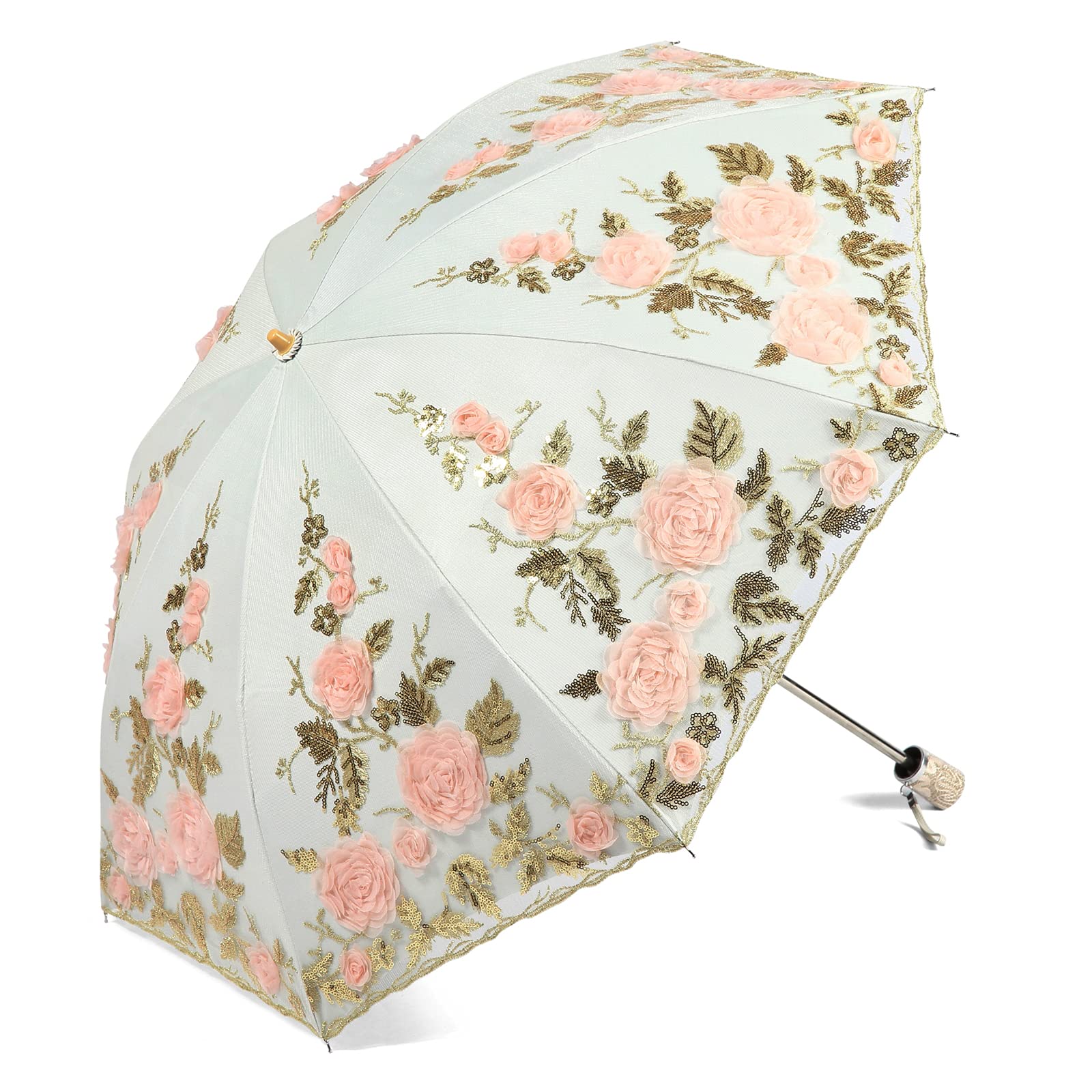 LCY Womens Anti-UV Lace Embroidery Folding Sun Parasol Rain Umbrella Wedding Umbrella-Apricot