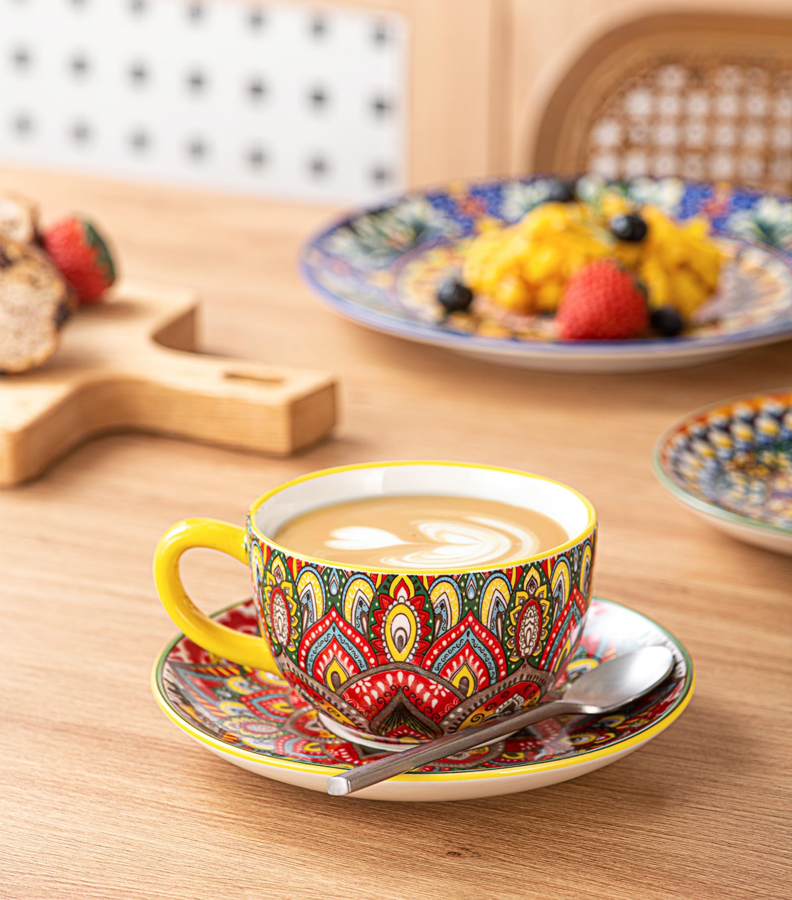 Juego de Café de Porcelana, Juego de 6 X 250 ml, Pintado a Mano, Juego para 6 Personas, incluye Tazas de Café y Platillos