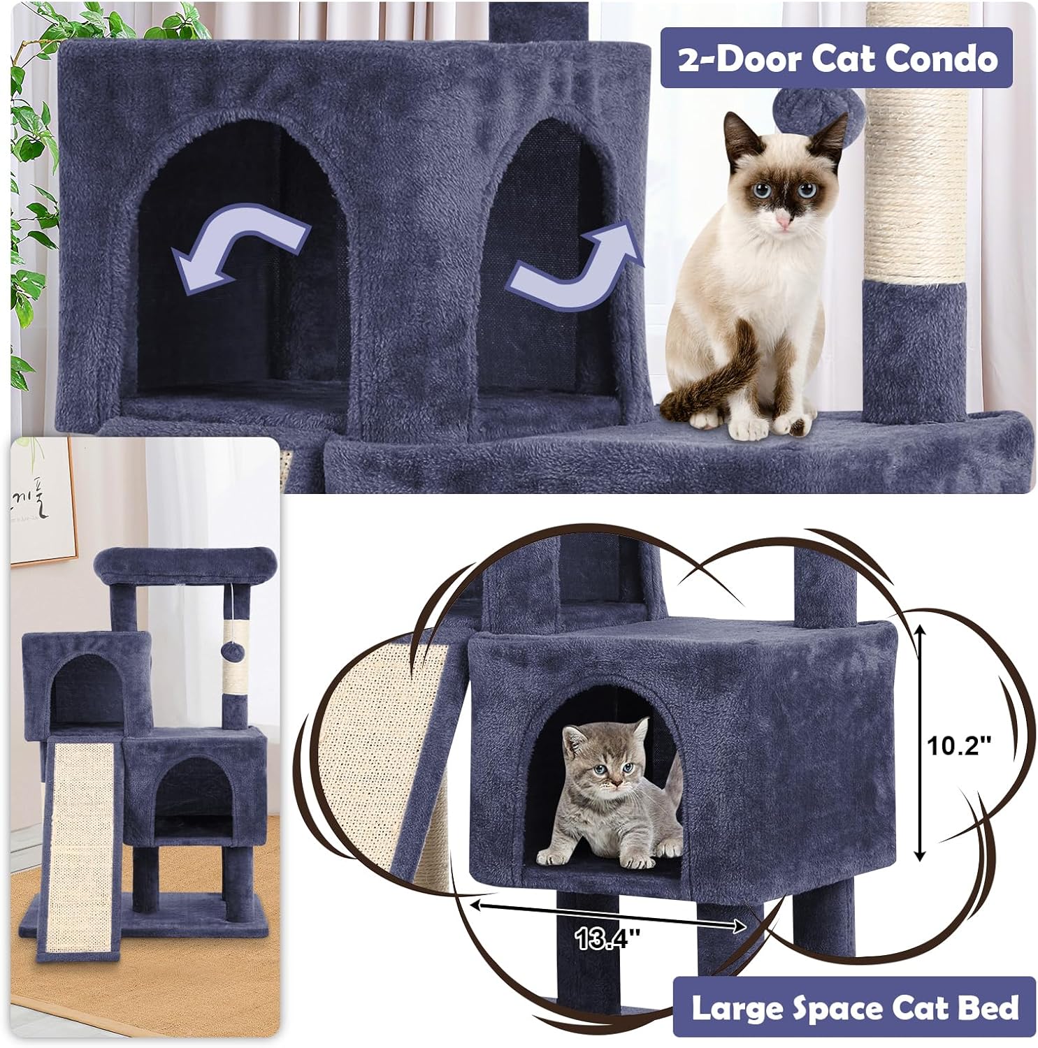 Cat Tree Tower, 36 Inches Cat Condo Houseswith Scratching Posts, Ramp, Plush Perch & 2 Spacious Condos, Stable for Multiple Cats Kittens House & Small Room(Dark Grey)