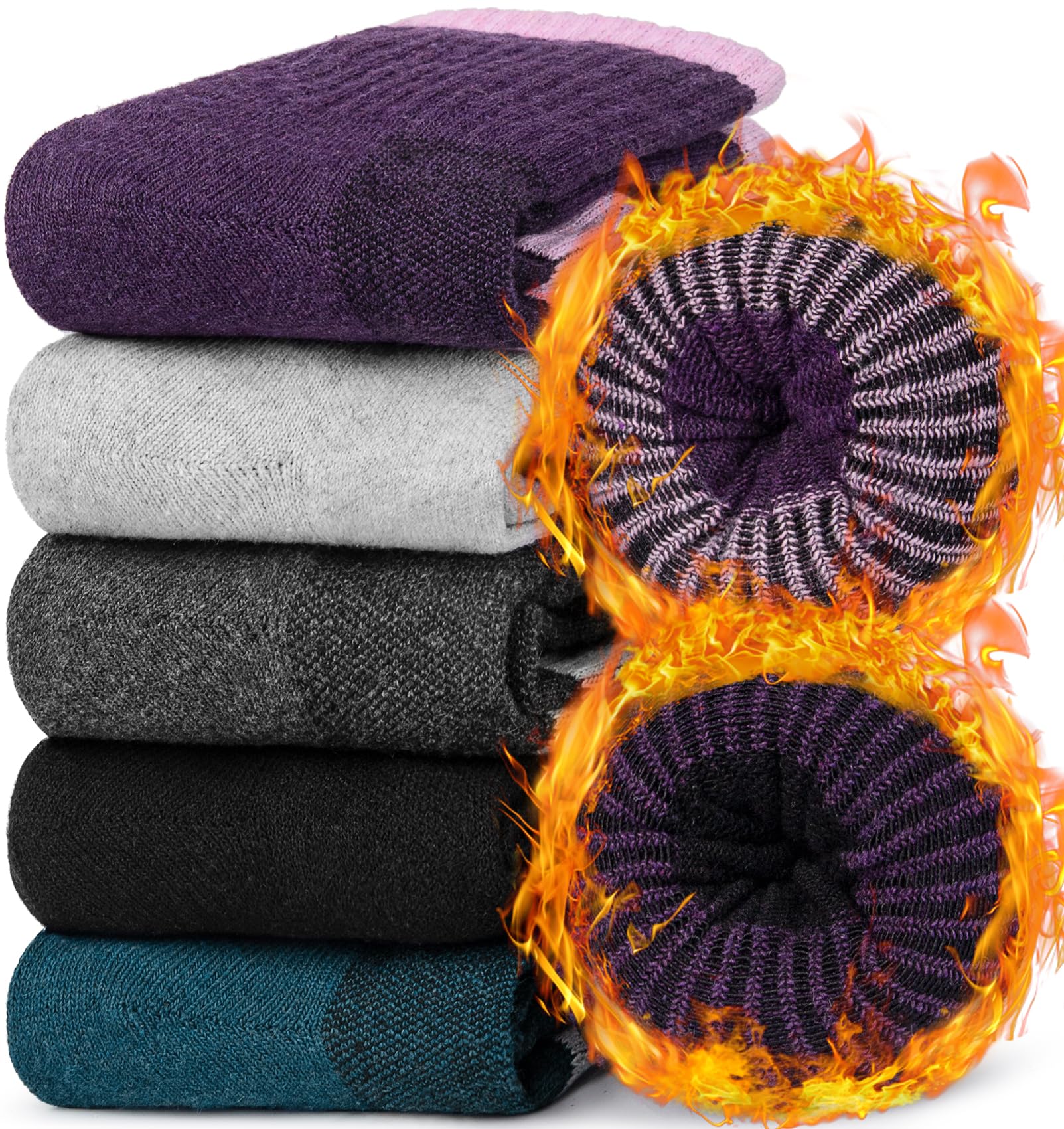 Aurmly Calze Donna in Lana, Merino Invernali Calzini Termiche Divertenti Inverno, Calze Caldi Comode Donna in Cotone per Trekking, 5 paia EU36-41