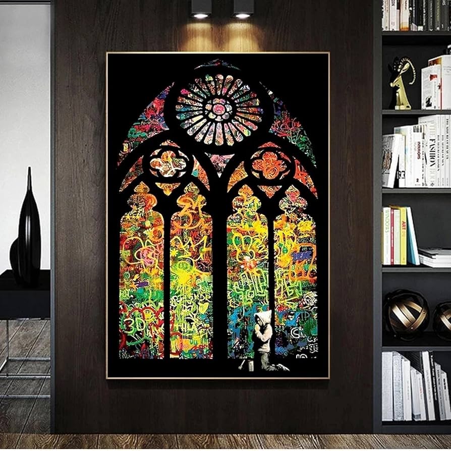 Amazon｜バンクシーストリートアート写真ステンドグラスの少年祈る