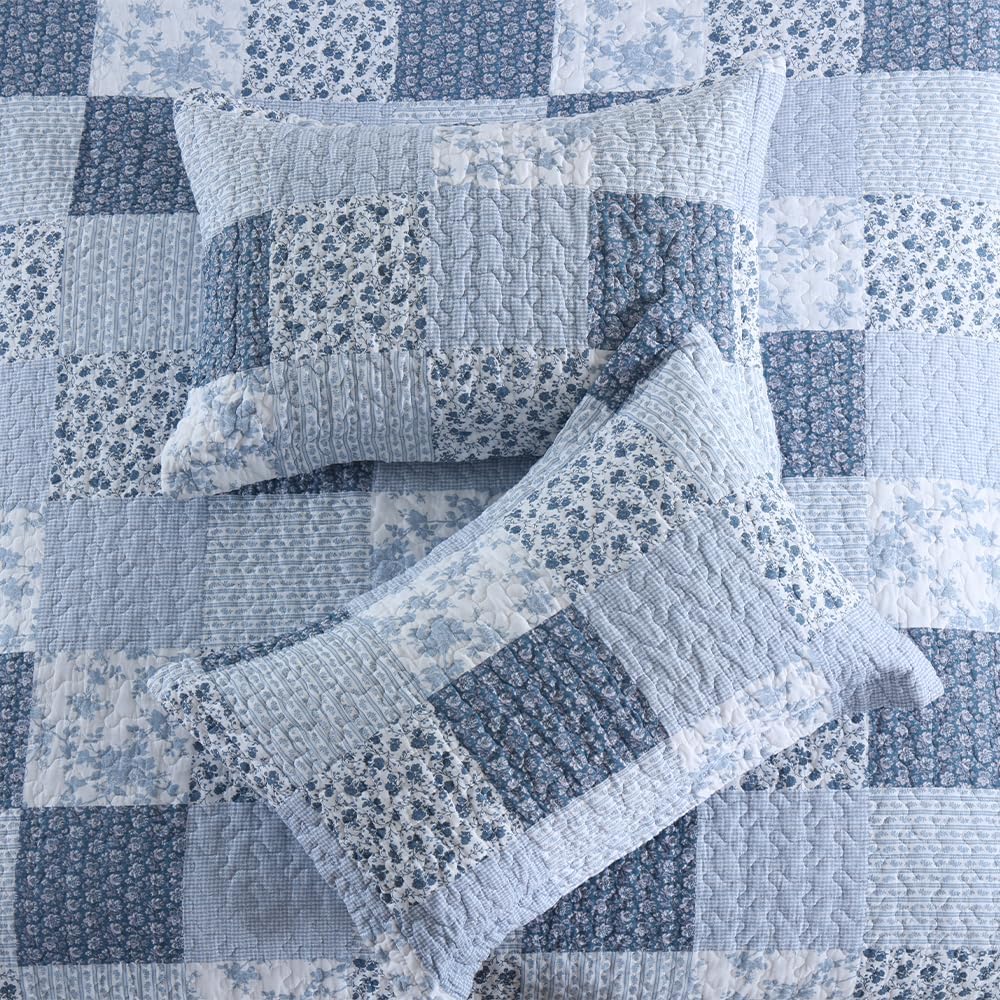 ENASAL Cotton Bedspread Quilt Bedding Sets Reversible Coverlet Sets Comforters Rustic Floral White Blue Patchwork Pattern Bedspread for All Season, Queen Size - Image 7