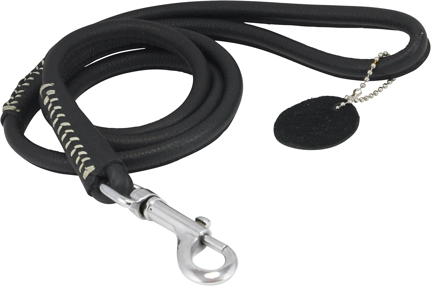 Round Genuine Rolled Leather Dog Leash 4' Long 1/2" Wide Black for Medium Breeds