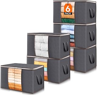 Lifewit 6 Pack 60L Foldable Clothes Storage Bins with Lids, Clear Window, Reinforced Handles for Blankets, Comforters, Closet Organization
