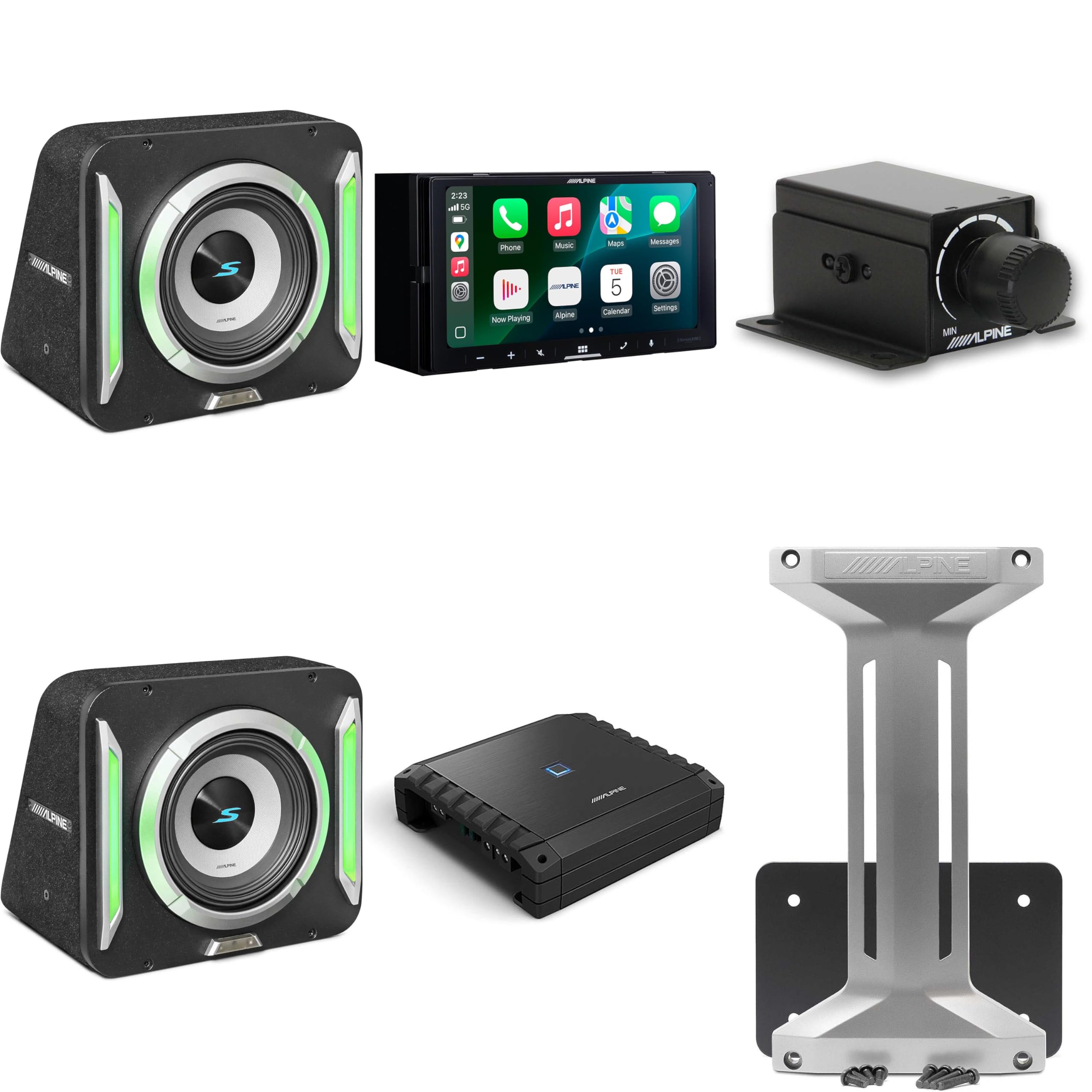Alpine iLX-W770 Receiver & (2) S2-SB12 PrismaLink S2-Series 12" subwoofer Built-in RGB Lighting & S2-A60M Amplifier w/Rux Bass Knob Bundle