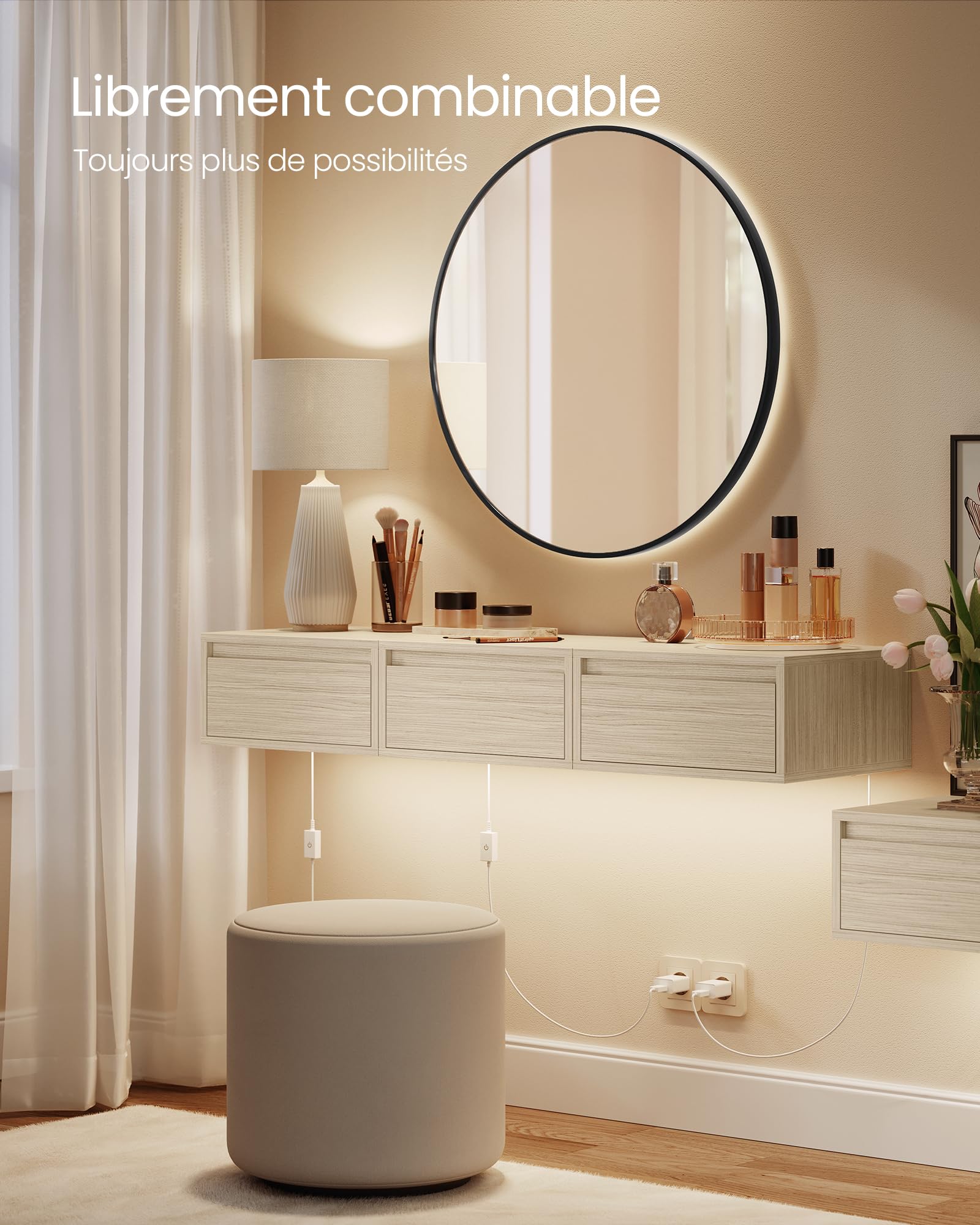VASAGLE Kailyn Collection - Tables de Chevet Suspendues, Lot de 2, Tables de Nuit, Lumière 3 Couleurs, Étagère Murale Tiroir, 35 x 40 x 18 cm, Style Moderne, Chambre, Salon, Beige Naturel LET854N01