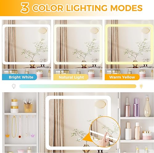 Miniatura 3 de BEWISHOME Escritorio grande con espejo y luces, mesa de maquillaje blanca con toma de corriente, escritorio de maquillaje con 8 cajones, 7 estantes