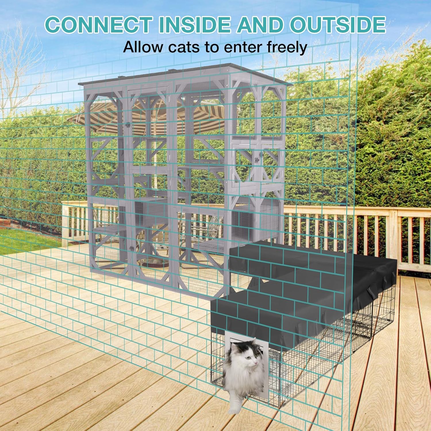 Cat Tunnel, Metal Wire Tunnels for Indoor Cats,Outdoor Cat Enclosure with Weatherproof Fabric Cover,Cat Playpen Connecting Inside and Outside, for Deck Patios, Balconies
