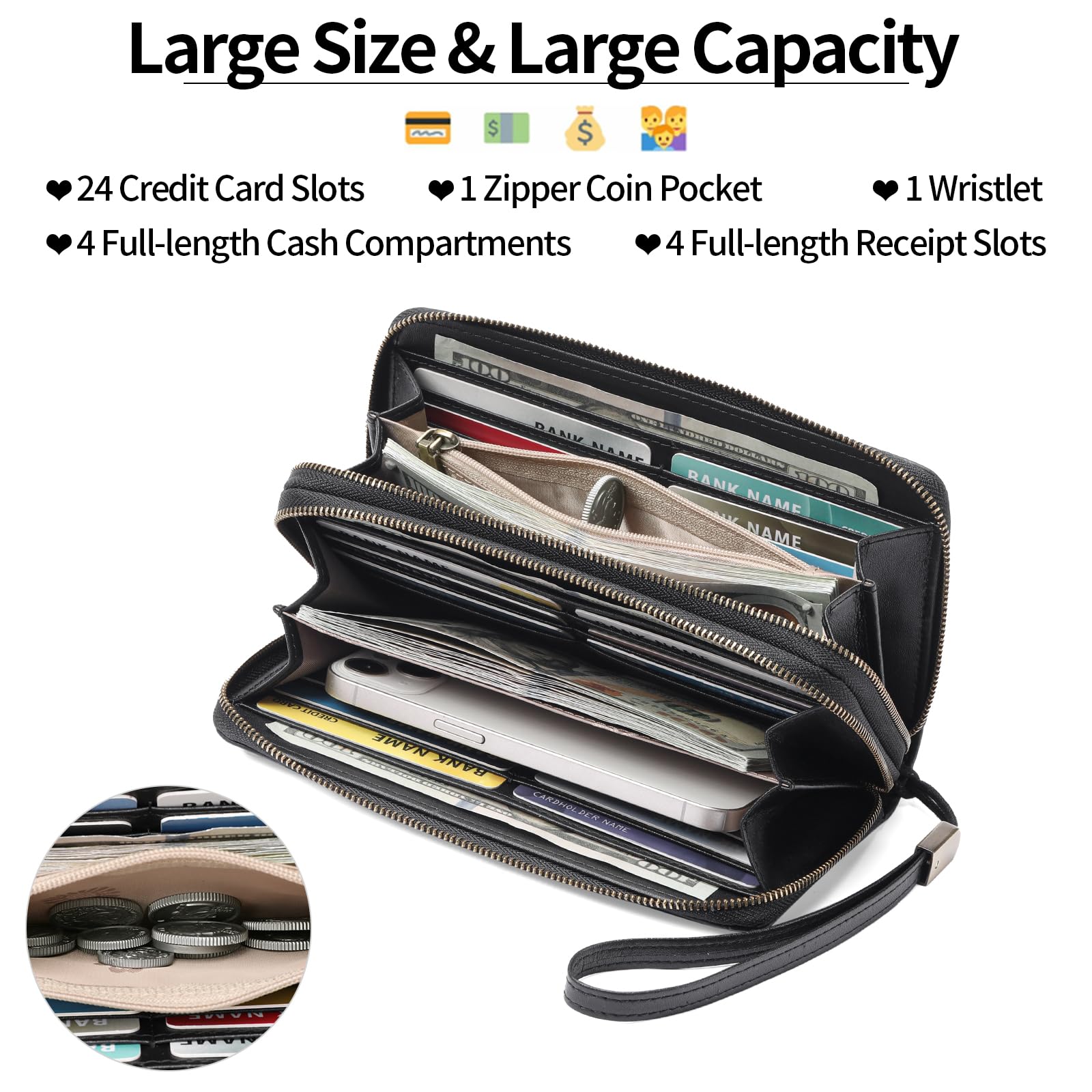 GAEKEAO Carteras de Mujer, Cartera Monedero Mujer Piel, Tarjeteros para Tarjetas de Credito, Bloqueo RFID Billetera, Monedero Tarjetero Mujer con Cremallera Doble