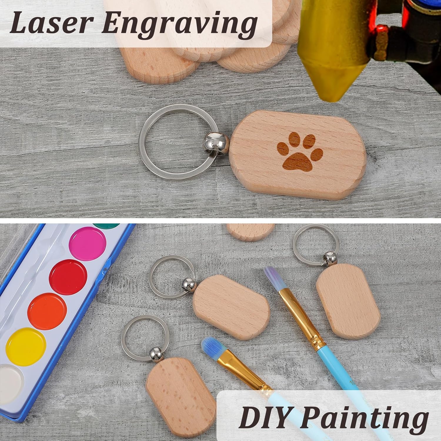 70 PCS Wooden Keychain Blanks, Wood Engraving Blanks Key Chain, Unfinished Rectangle Round Wood Key Tag for DIY Crafts - Image 4