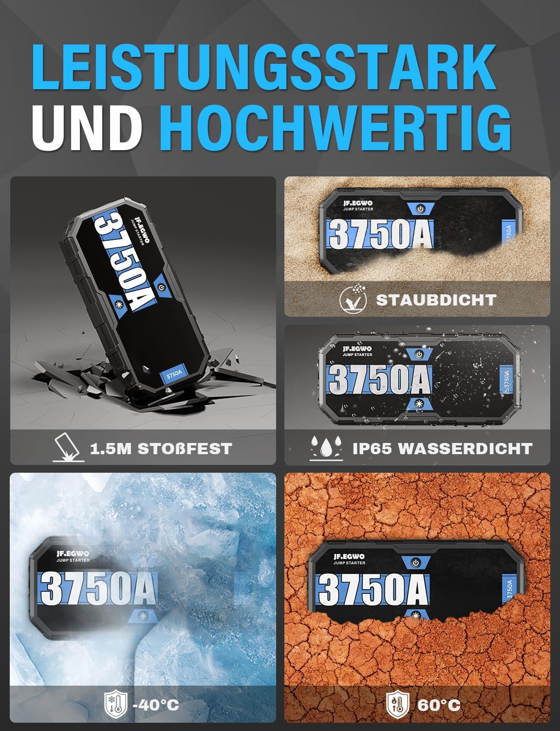 Jump starter showing durability features like dustproof, shockproof, waterproof, and temperature resistance