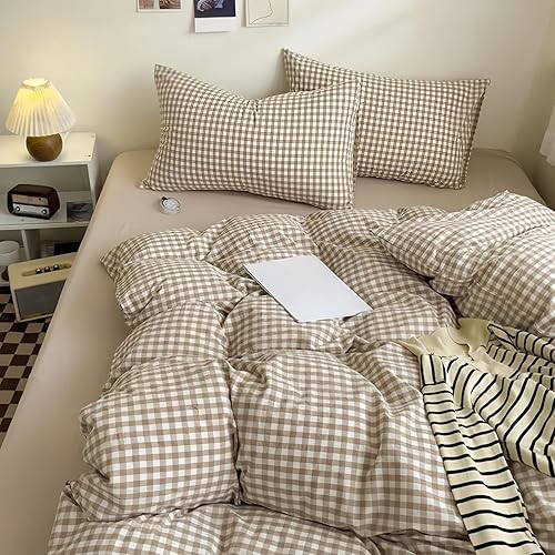 Covebett Housse de Couette 200x200 à Carreaux Vichy Beige Marron Moderne Parure 