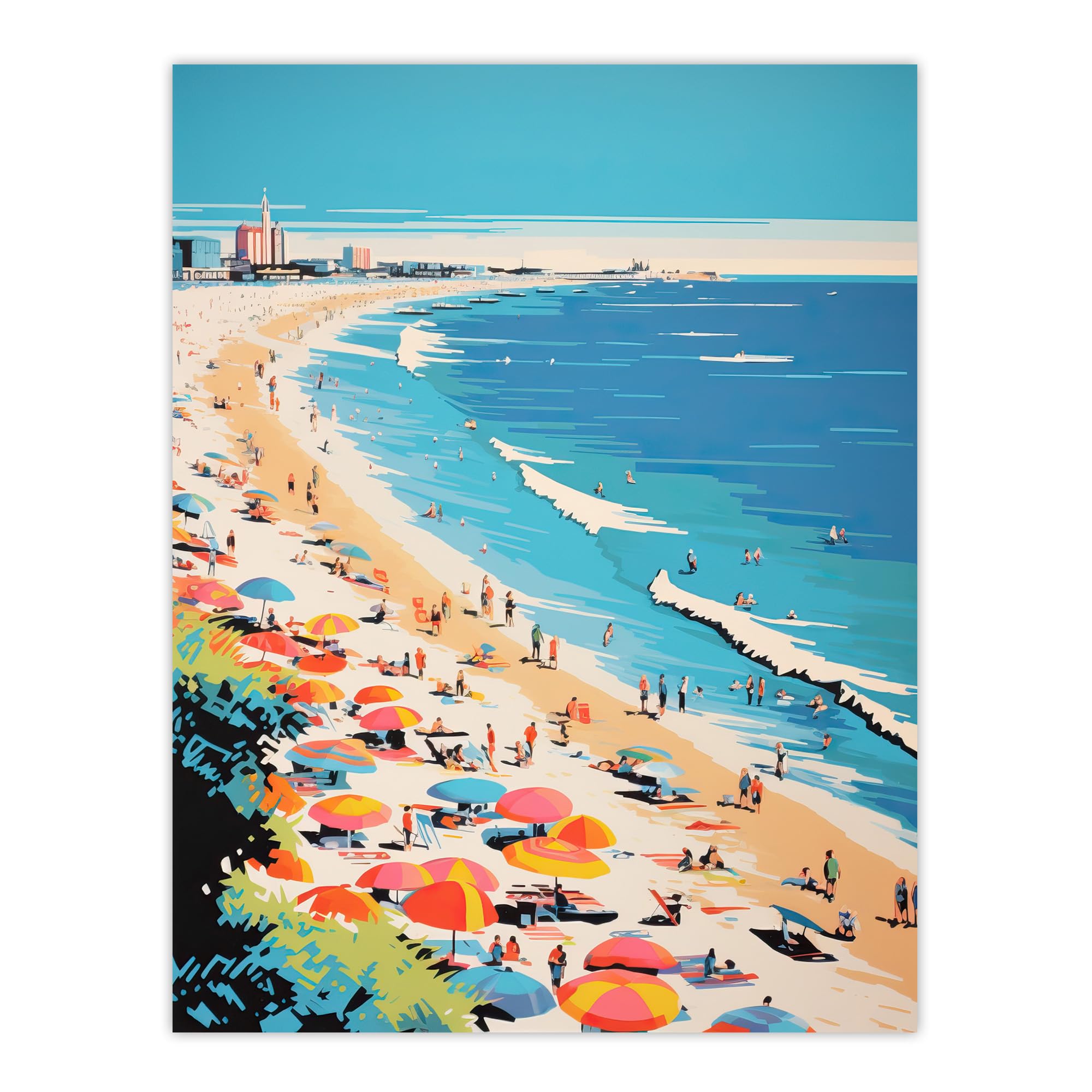 Wee Blue Coo Surf Sand Sea And Sunshine Busy Beach Coastal Landscape Orange Pink Blue Graphic Painting Large Wall Art Poster Print Thick Paper 18X24 Inch