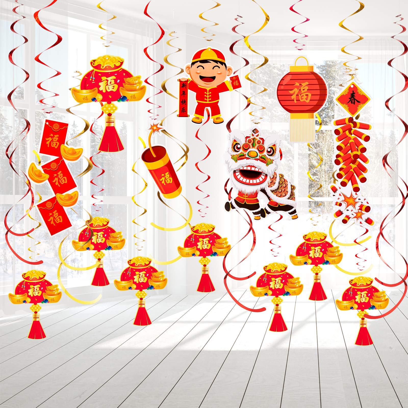 Whaline 20pcs Chinese New Year Hanging Swirls 2021 New Year Party Decorations Red Gold Swirls Spring Festival Hanging Decorations, Lantern, Firecracker, Ingots, New Year Eve Party Supplies