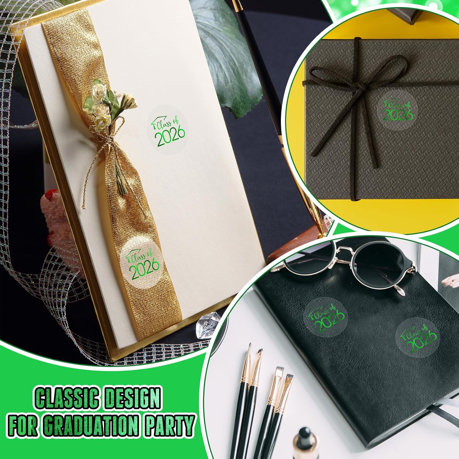 100 PCS Graduation Stickers,Class of 2026 Transparent Gold Foil Self Adhesive Sticker for Envelope Seals,Grad Invitations,2026 College High School Senior Graduate Party Favors(Green)