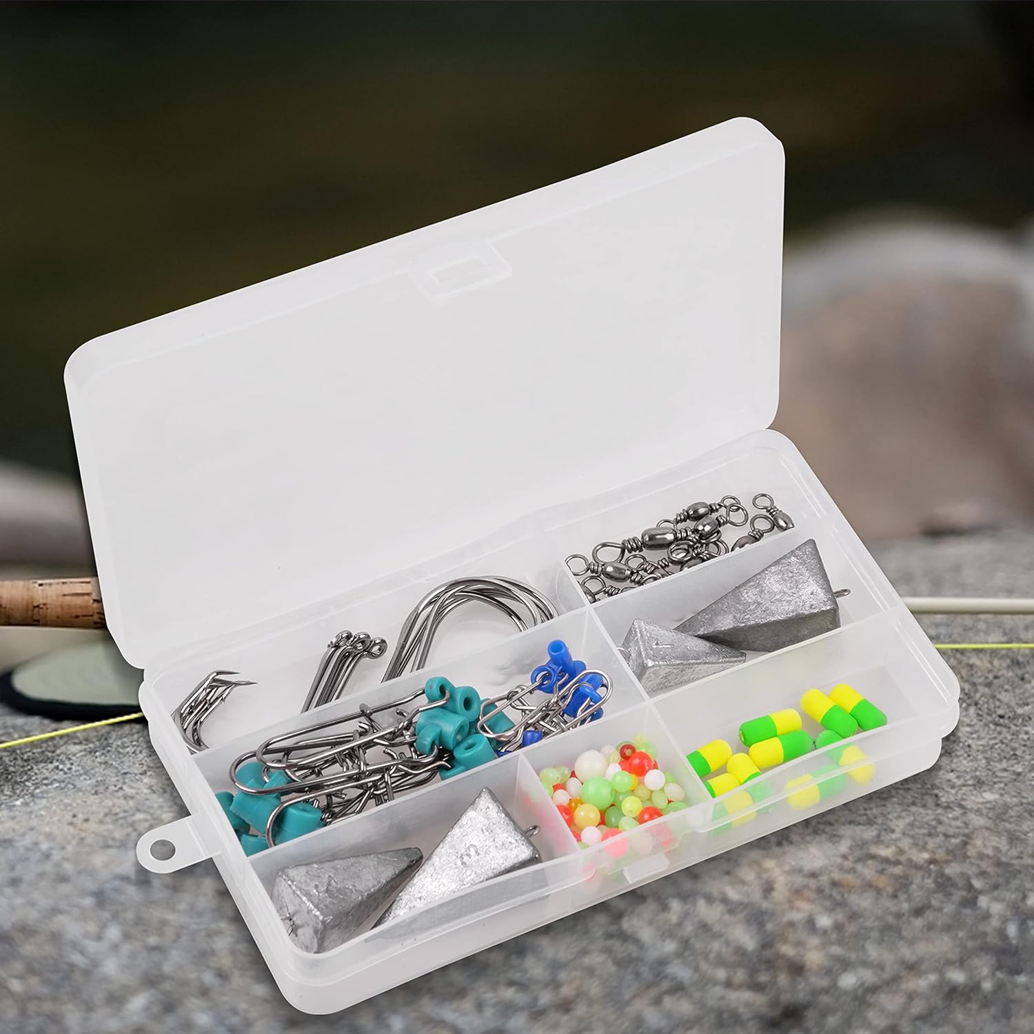 SILANON Surf Fishing Tackle Kit,Saltwater Fishing Gear Surf Fishing Rigs Pyramid Weights Sinker Slide Foam Floats Leaders Various Accessories Ocean Beach Fishing Equipment Box