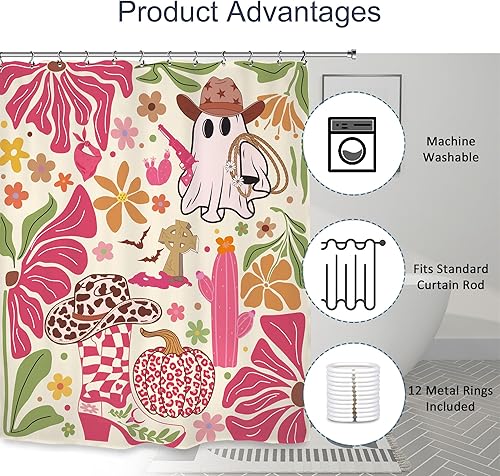 Miniatura 4 de Cortina de ducha de Halloween con diseño de vaquera de los años 70, 60 pulgadas de ancho x 72 pulgadas de largo, diseño de calabaza, rosa, fantasma,