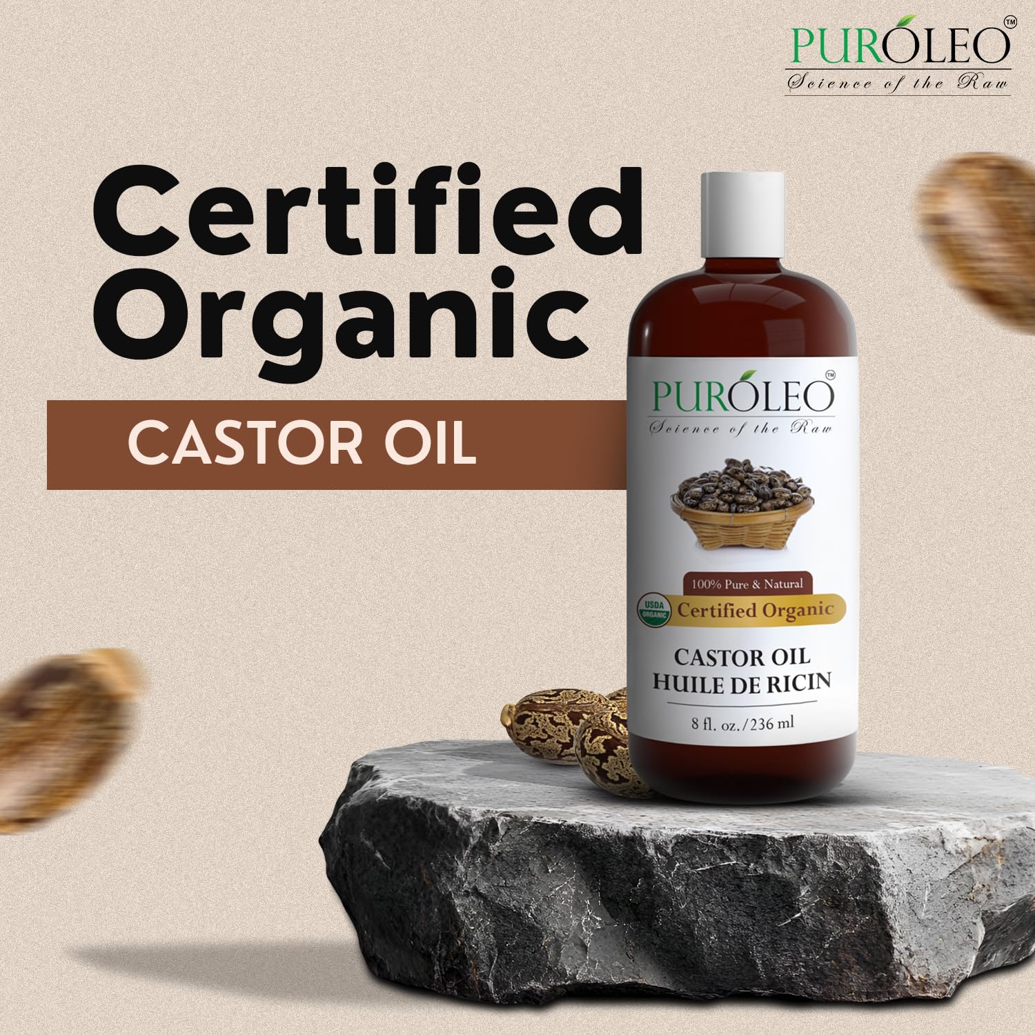 PUROLEO Organic Certified USDA Castor Oil 8 Fl Oz/236 ML (Packed in Canada) – 100% Pure & Natural Oil for Hair, Lashes, Brows & Beard – Use for Eyelash Serum, Hair Serum, or DIY Beauty