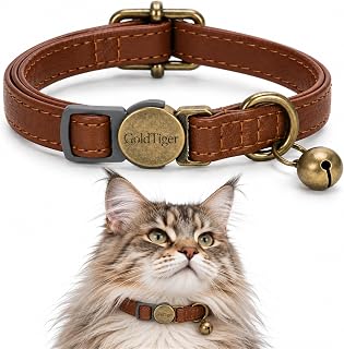 Leather-Style Cat Collar with Bell, Breakaway Adjustable Kitten Collar | Brown retro cat collar with brass bell for kittens, small cats, pet photos, holidays, and everyday wear.