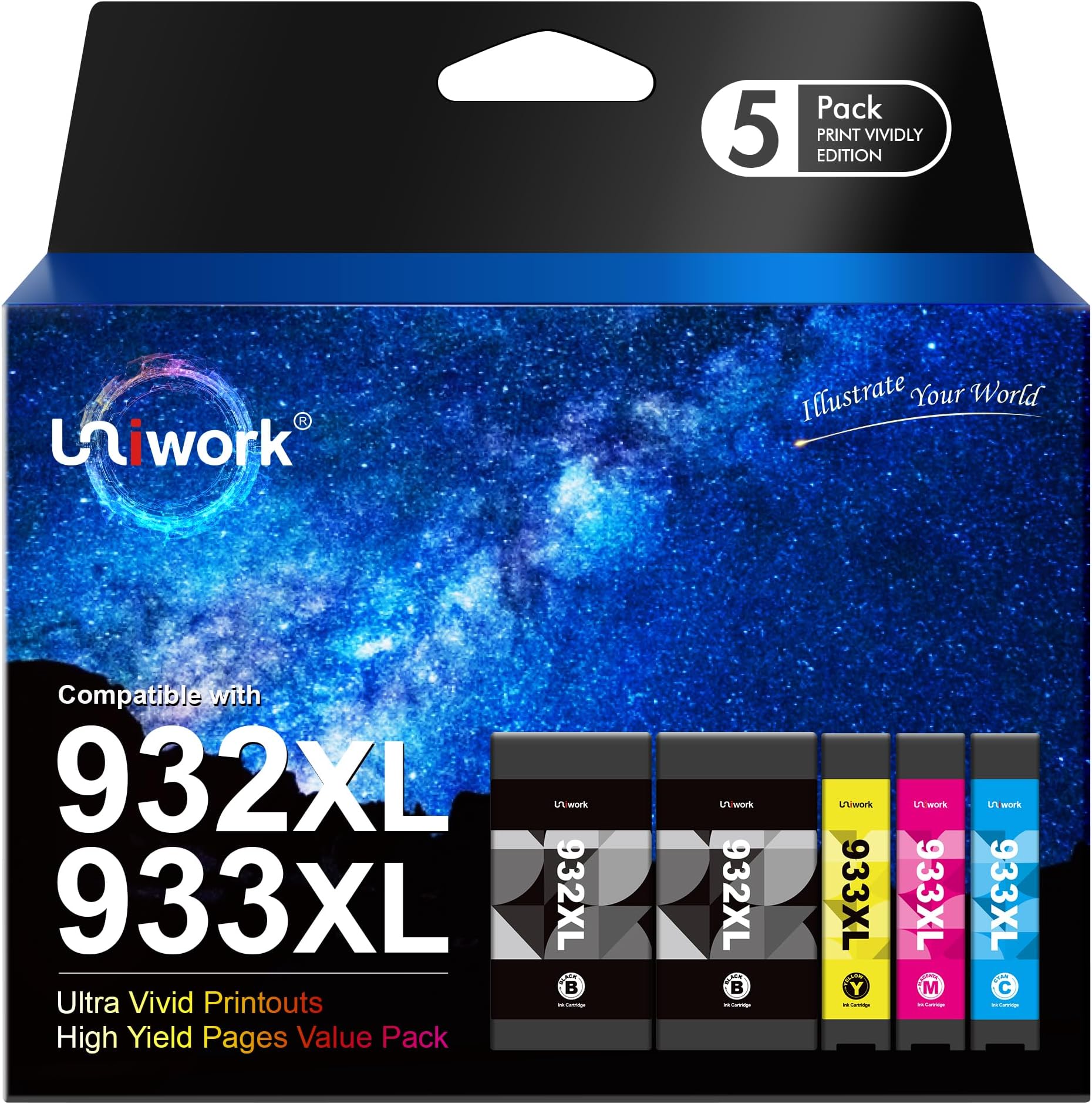 Uniwork Compatible Ink Cartridges Replacement Multipack for HP 932XL 933XL 932 933 XL for Officejet 6100 6600 6700 7110 7510 7610 7612(Black Cyan Magenta Yellow, 5 Combo Pack)