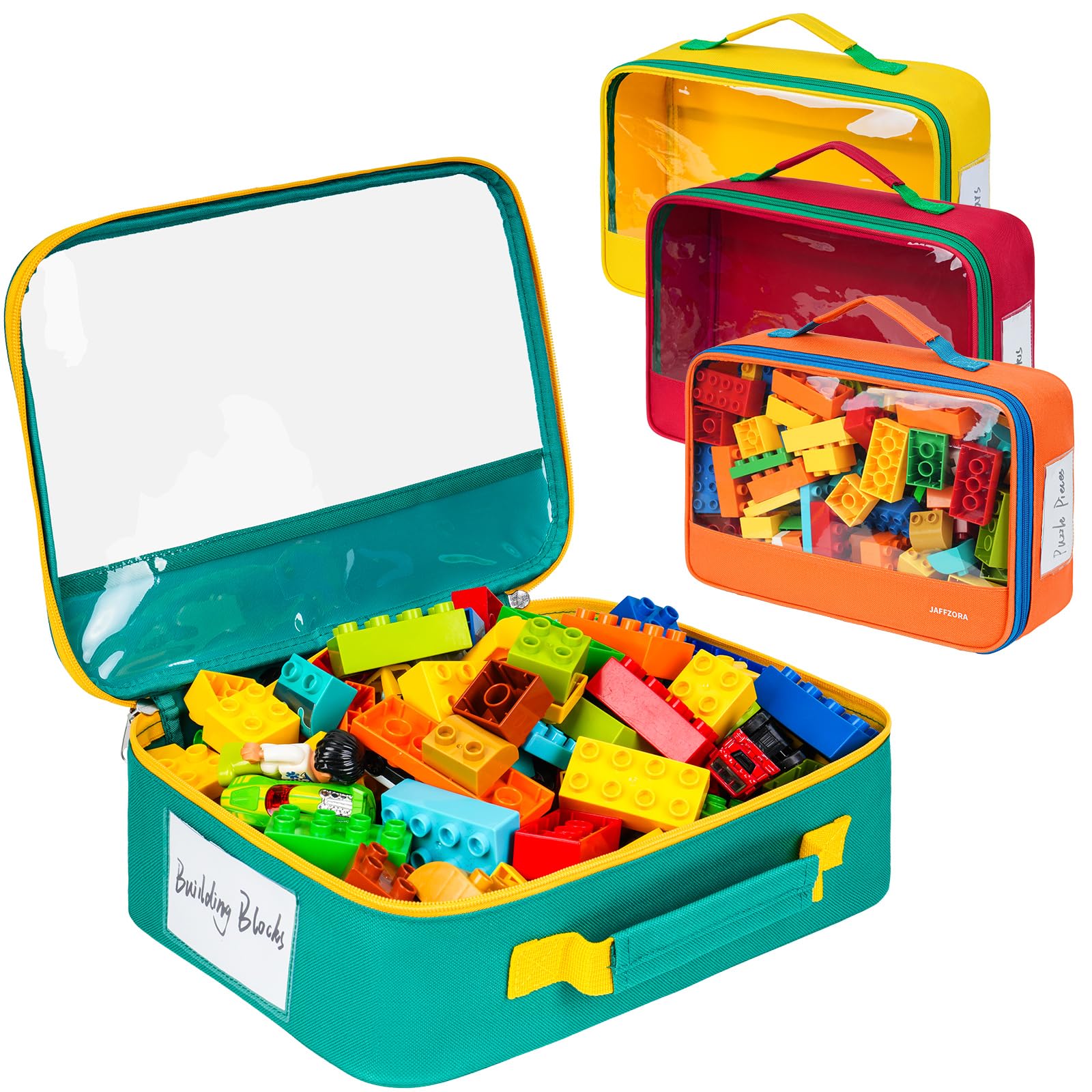 Jaffzora 4pcs Toy Storage Bags Compatible with Lego Bricks, Travel Toy Organisers for Kids Building Blocks,Toy Car,Puzzles with Mesh Pocket and Tag Pocket