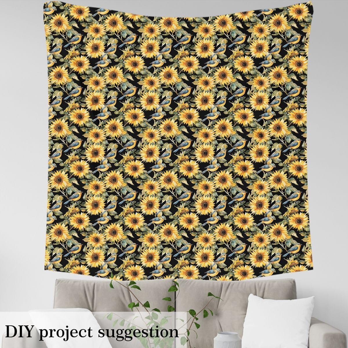 Erosebridal Sunflower Upholstery Fabric, Botanical Floral Print Fabric by The Yard, Birds Decorative Fabric Oil Painting DIY Craft Patchwork Indoor Outdoor Fabric, 5 Yards, Yellow Black Green