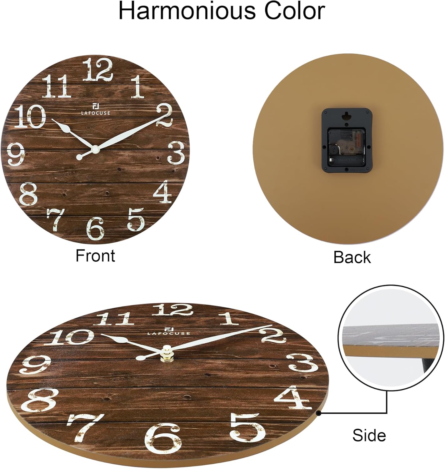 Lafocuse 12 Inch Silent Brown Wall Clocks for Kitchen Living Room Decor, Wooden Rustic Wall Clock Battery Operated, Decorative Farmhouse Clock