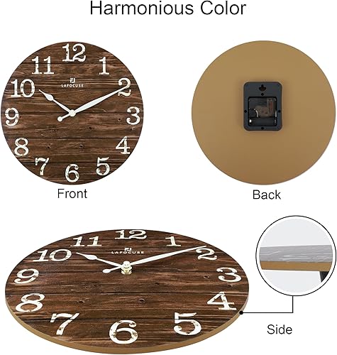 Miniatura 5 de Lafocuse Reloj de pared marrón silencioso de 12 pulgadas para decoración de cocina, sala de estar, reloj de pared rústico de madera, funciona con