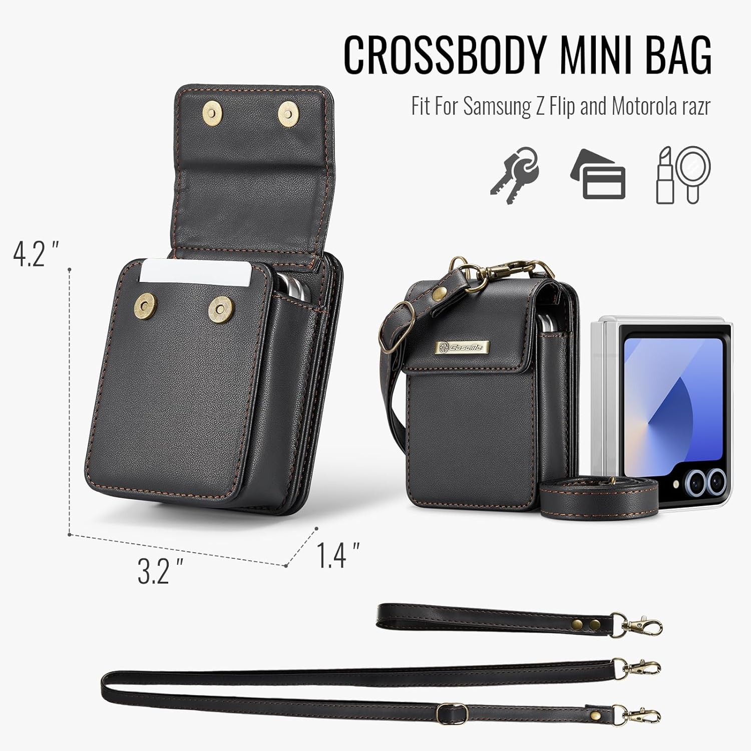 Wallet Case for Samsung Galaxy Z Flip 6/5/4/3 & Motorola Razr, PU Leather Flip Phone Case with 5 Card Slots, RFID Blocking, Magnetic Closure, Anti-Drop Cover with Wrist Strap & Lanyard(Black)