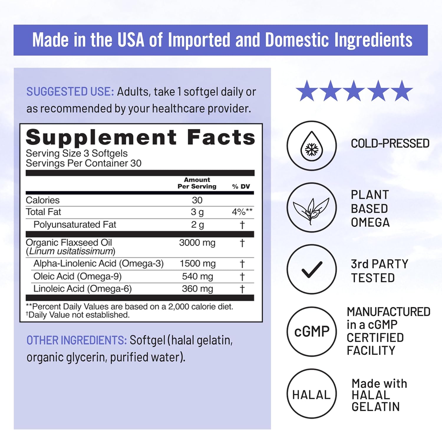 NatureWise Flaxseed Oil 3000 mg, Fish Free Omega 3 with 1500 mg ALA, Dietary Supplement for Immune Health Support - Organic, Cold Pressed, Non-GMO - 90 Softgels[30-Day Supply] - Image 5