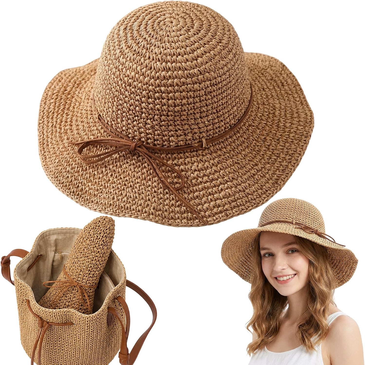 Straw Hat, Beach Hat and Sun Hat for Women, Foldable and Packable Design with Hand-Woven Bow, Ideal for Beach Outings, Travel and Outdoor Activities