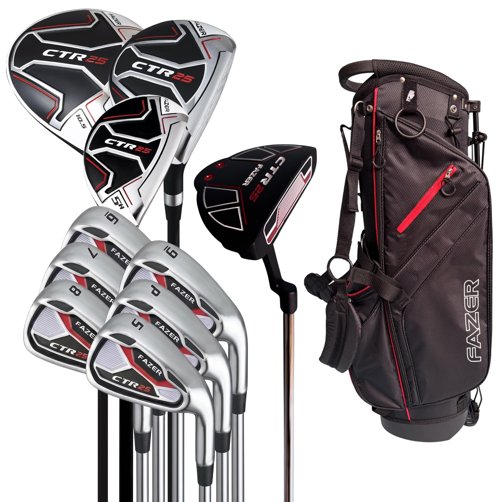 Fazer CTR25 - Set da golf da uomo, destrorsi, in legno da fairway, ibrido, ferri oversize, putter, mazza da golf, borsa con supporto, set completo di mazze da golf per principianti e giocatori