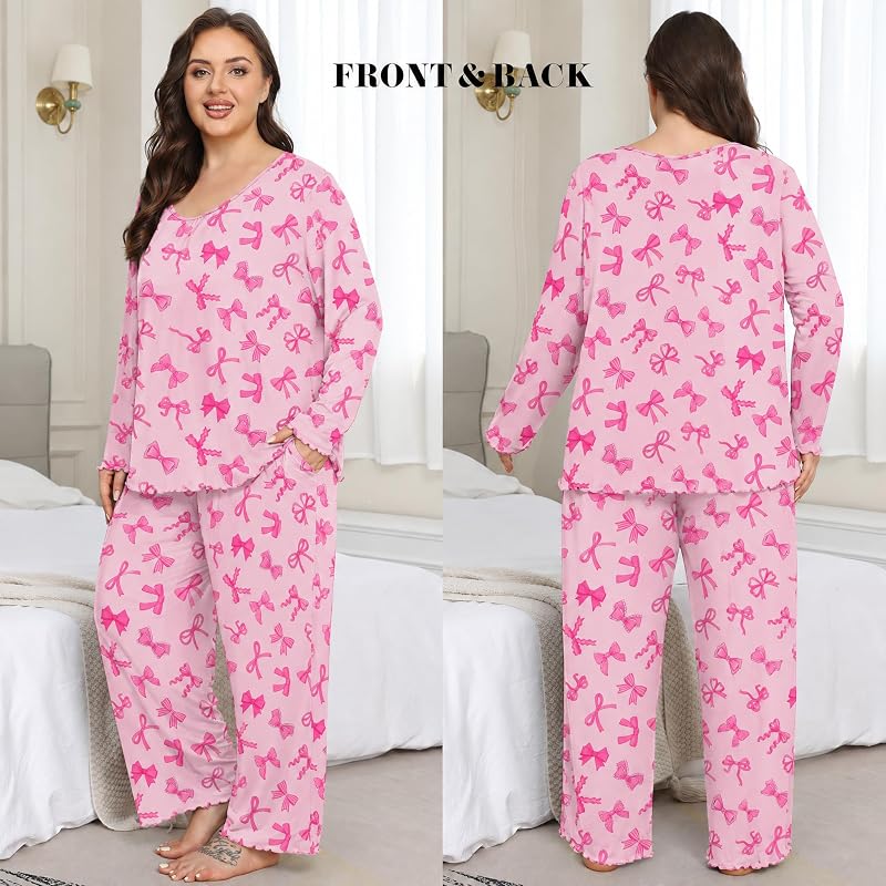 Lastshe Womens Plus Size Pajama Set Long Bow Print – Versatile two piece lounge set