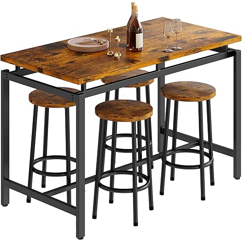 AWQM Bar Table Set Kitchen Pub Table with 4 Stools 5 Pieces Dining Table Set Breakfast Table of 47.2 x 23.6 x 34.6 Inches, Stool of 11.8 x 11.8 x 23.8 Inches Each, Rustic Brown and Black