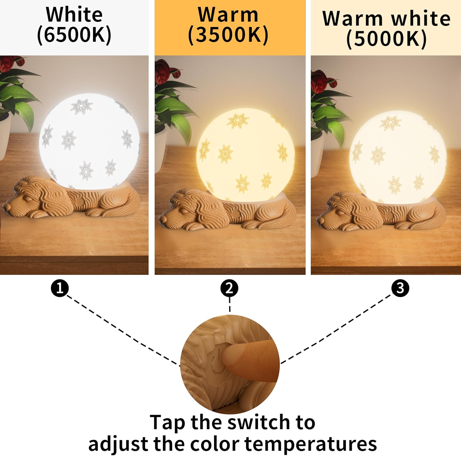 Cute Dog Lamp, Rechargeable Battery Powered Bedside Lamp, 3 Color Temperature Dimmable Cordless Lamp, USB C Charging Touch Lamp for Bedroom, Nightstand, Nursery