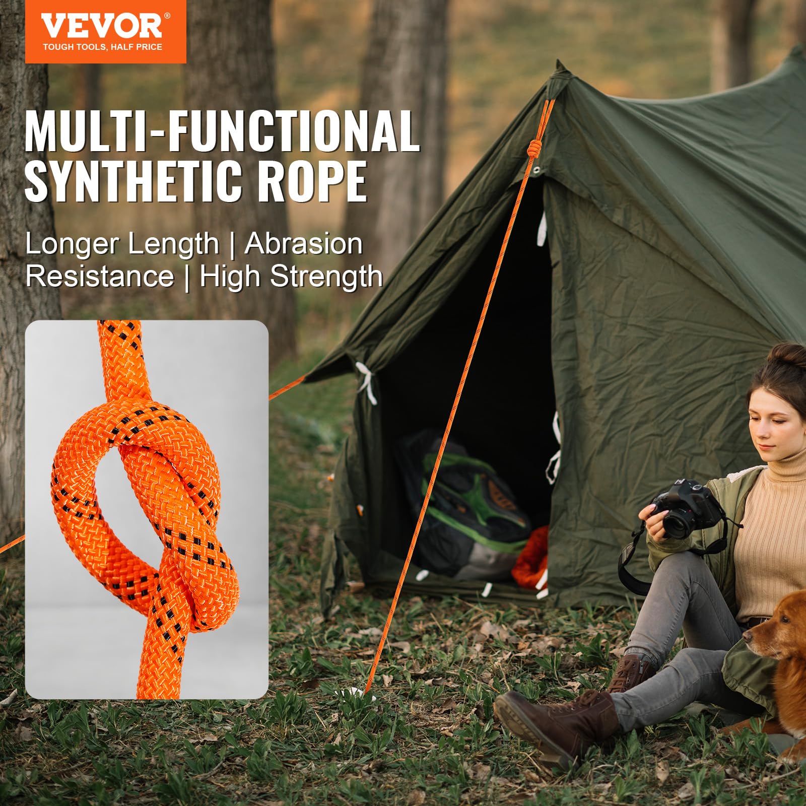 VEVOR Corda in Poliestere Doppia Intrecciata, 48 Trefoli, 17,79 kN Resistenza alla Rottura, Arrampicata Arborist Escursionismo, Roccia Campeggio Altalena Discesa 9,5 mm x 36,57 m, Arancione e Nero