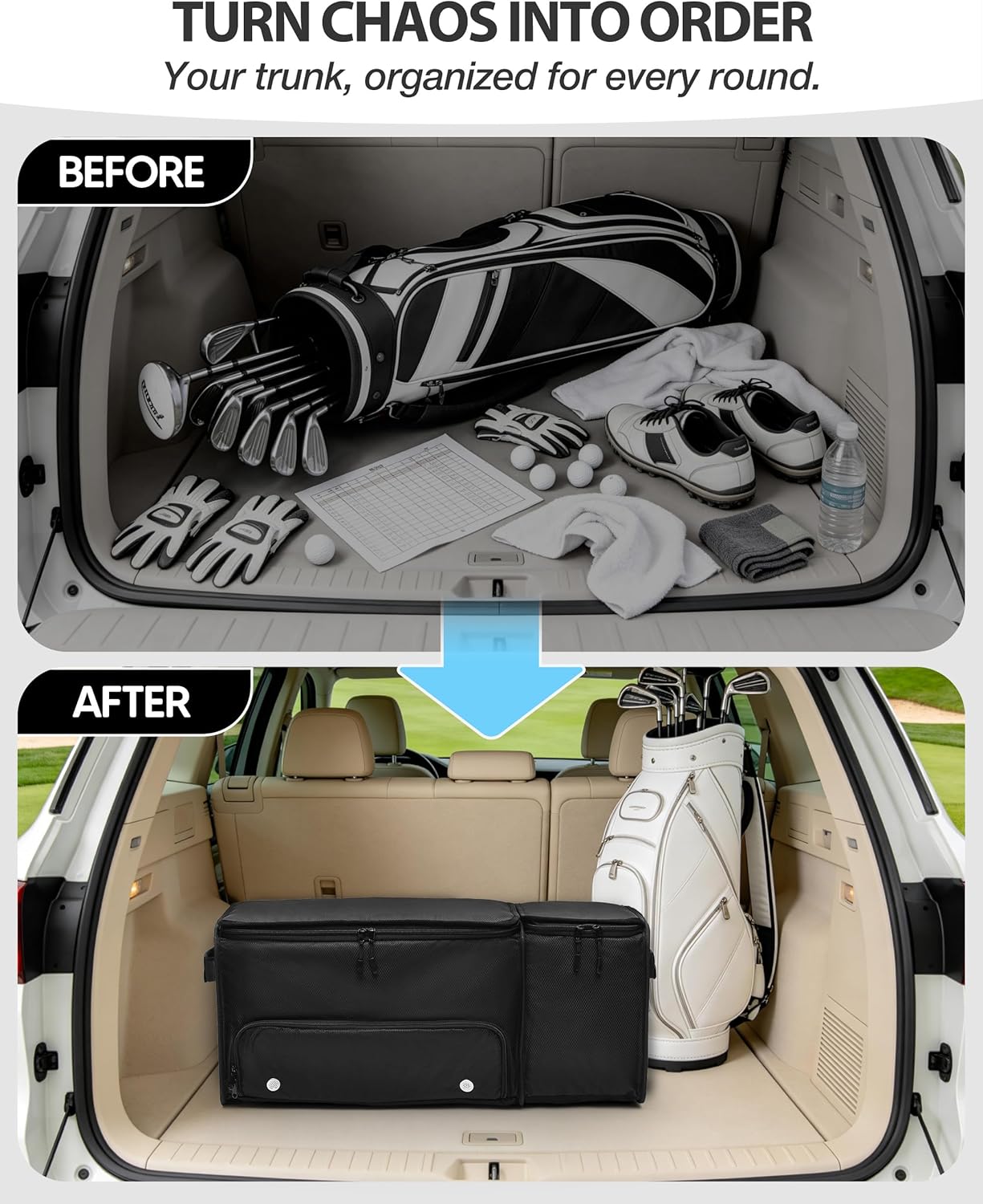 Golf Trunk Organizer with Built-in Hard Frame & Insulated Cooler Compartment, Ventilated Shoe Storage for 2 Pairs(Up to Mens US 11), Car Trunk Locker for Balls, Tees, Polos, Gloves - Black