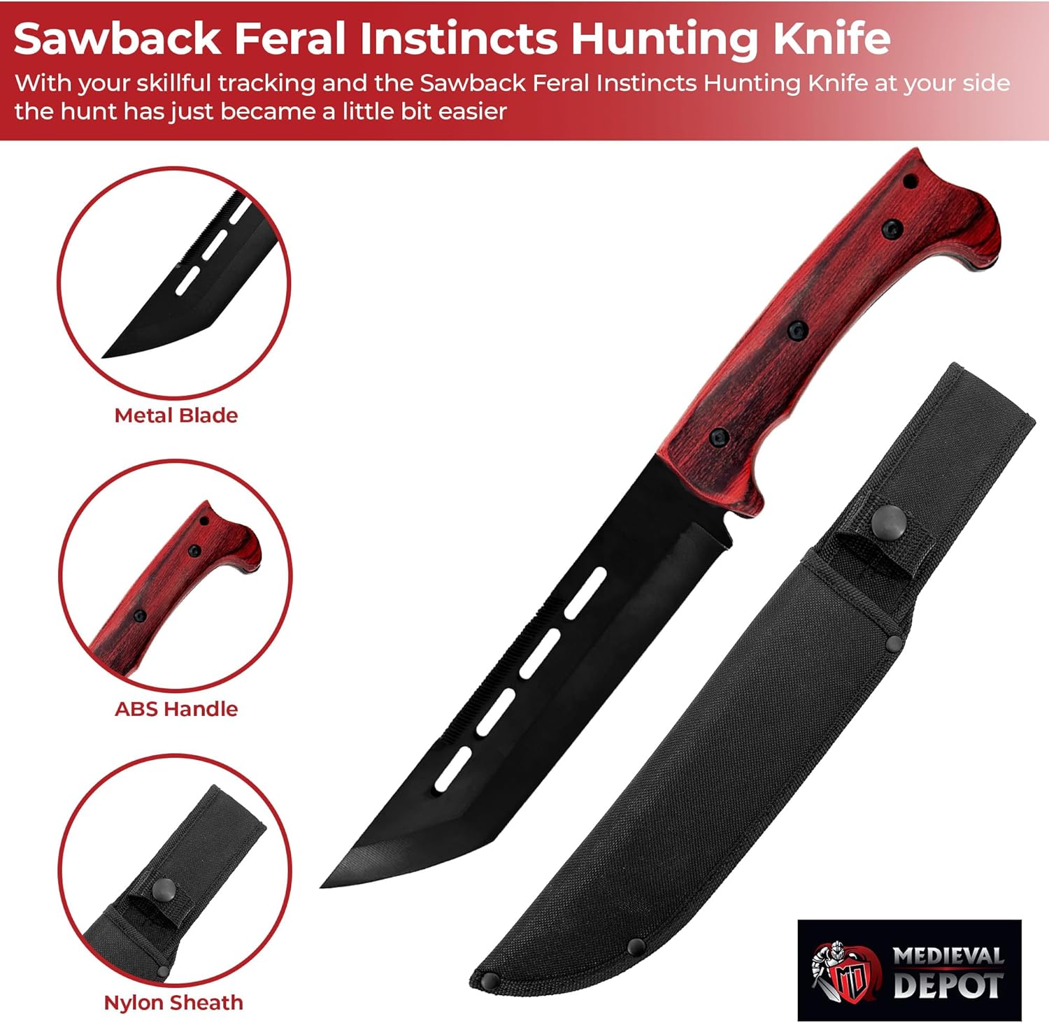 MedievalDepot Sawback Feral Instincts Hunting Knife – Overall 14” - Full Tang Tanto Blade with Sawback Spine, Wooden Handle & Nylon Sheath for Outdoor Use