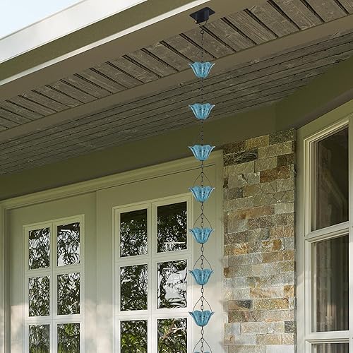 Miniatura 6 de Adorafur Cadenas de lluvia para canaletas exteriores de 8.5 pies con 12 copas de tulipán azul, repuesto decorativo para bajante